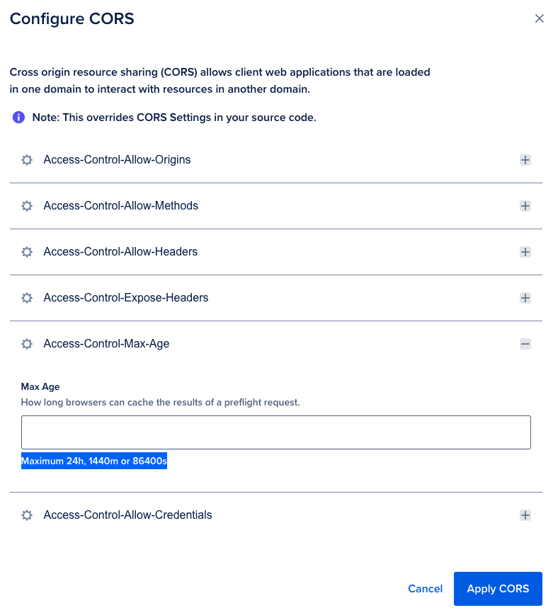 The CORS menu in the App Platform control panel.