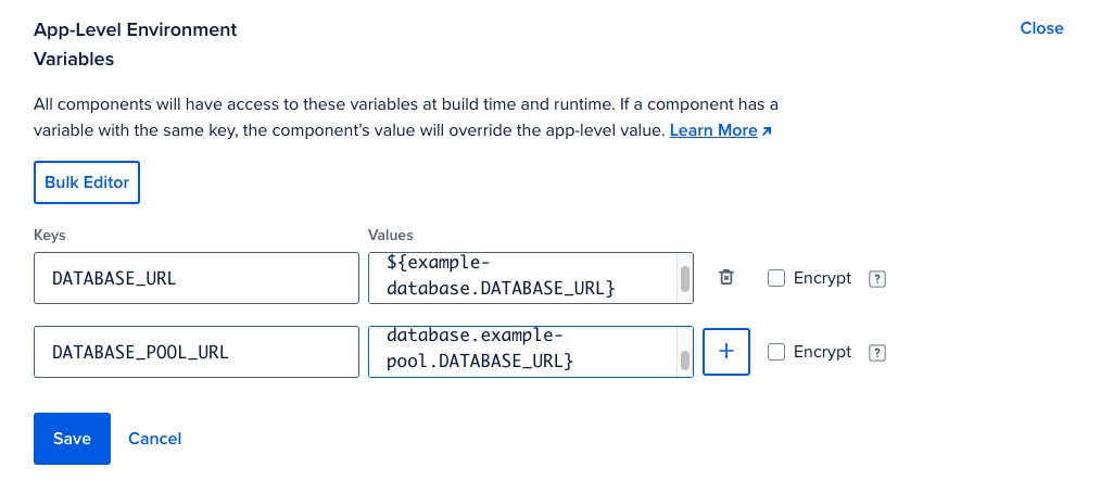 App-Level Environment Variables section with new environment variables added.