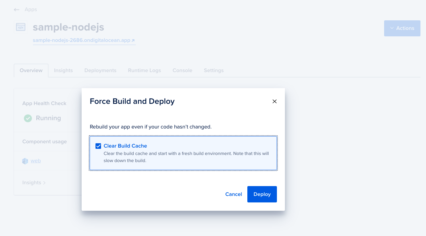 Force Build and Deploy screen with Clear Build Cache checked