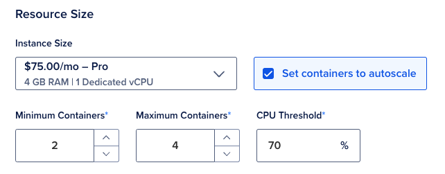 A screenshot of the control panel showing the scaling options for an app