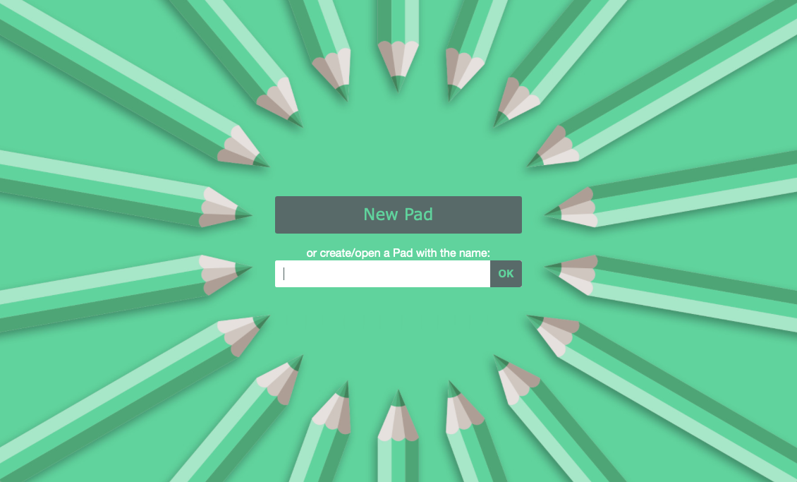 The Etherpad app index page with a 'New Pad' button and a textbox for creating a named pad