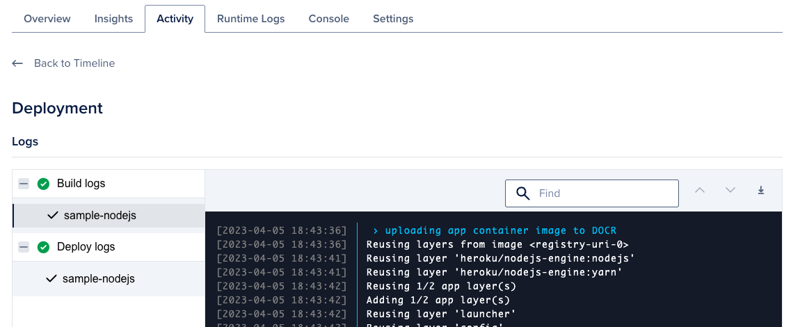 Deployment log entry screen with build and deploy logs displayed