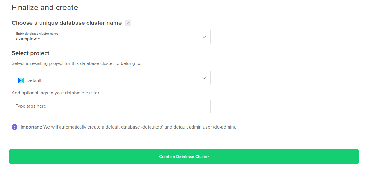 The Finalize and Create section of the database cluster creation menu, including the expanded Add Tags section.