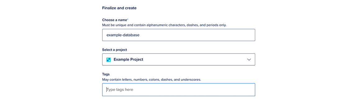 The Finalize and Create section of the Create a database page