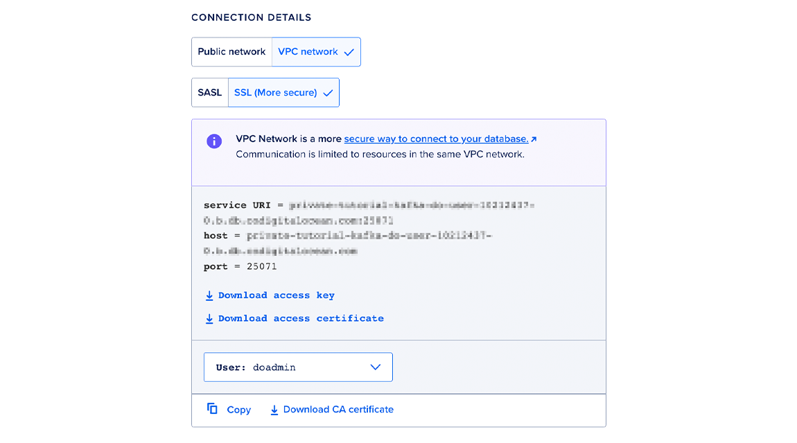 Databases connection details with Download CA Certificate selected