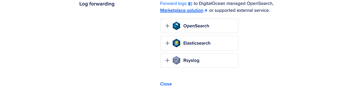 Log forwarding service selection screen.