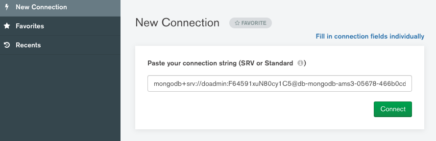 MongoDB Compass New Connection screen with connection string pasted into field