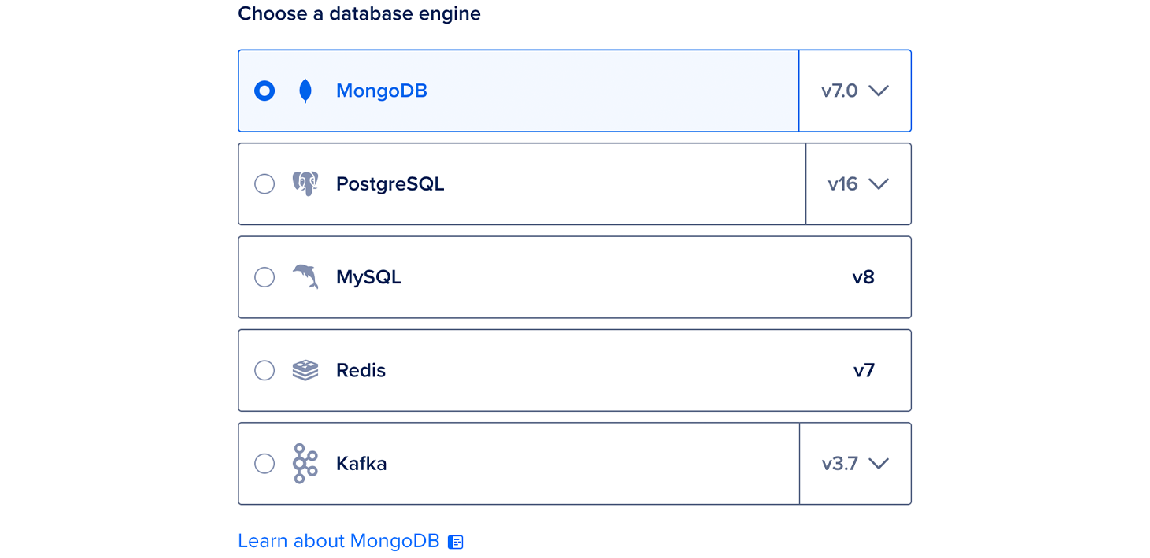 The database engine selection portion of the databases create page