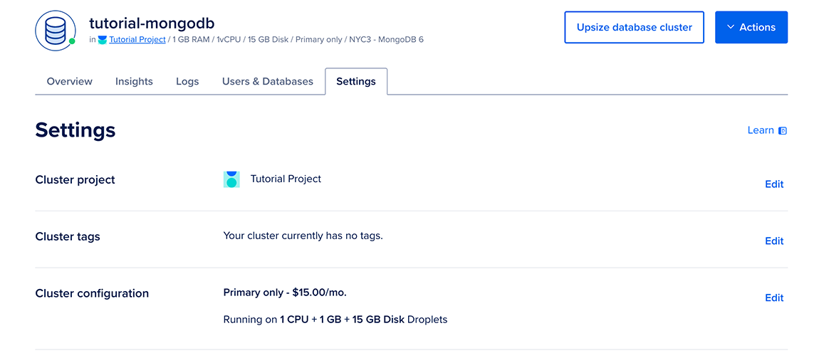 Cluster settings page.