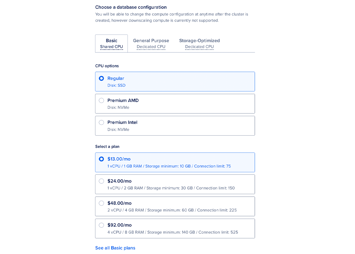 The Choose a cluster configuration section of the Create a database page displaying the node size, standby nodes, and monthly cost