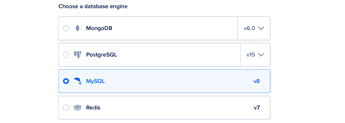 The database engine selection portion of the databases create page