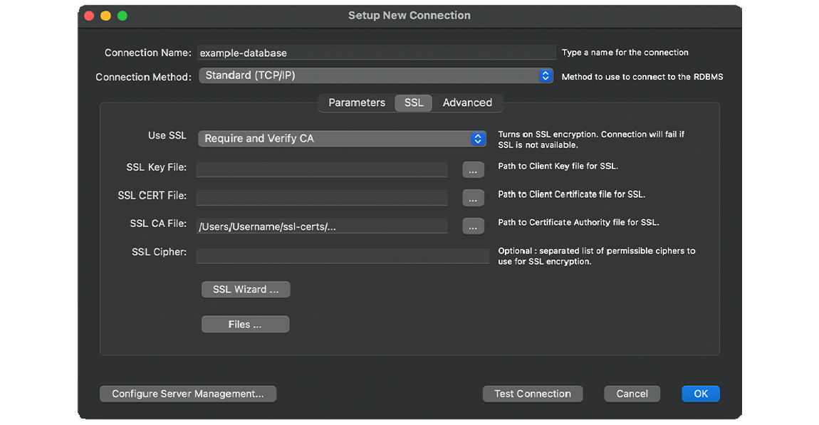 MySQL Workbench Manage Server Connections window with SSL certificate