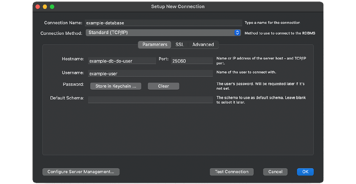 MySQL Workbench Manage Server Connections window with database credentials