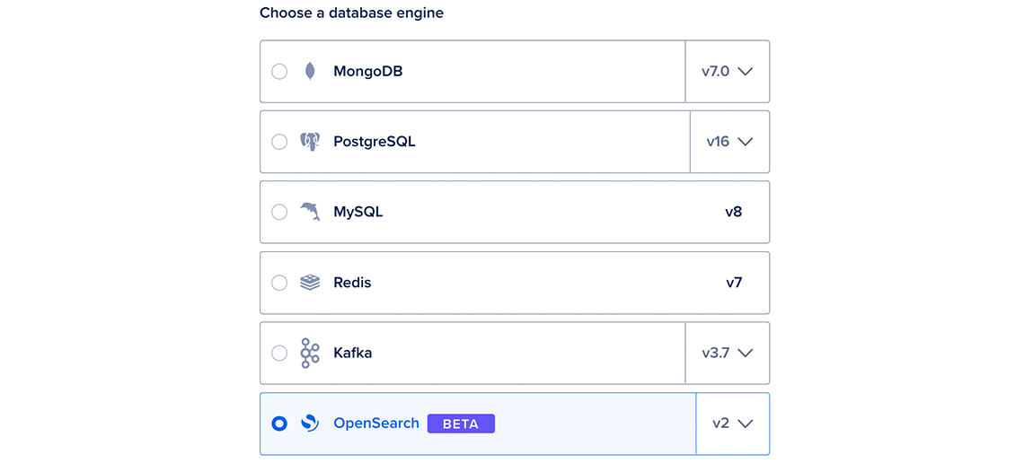 The database engine selection portion of the databases create page