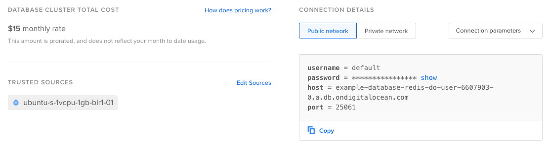 Databases Overview screen showing connection string