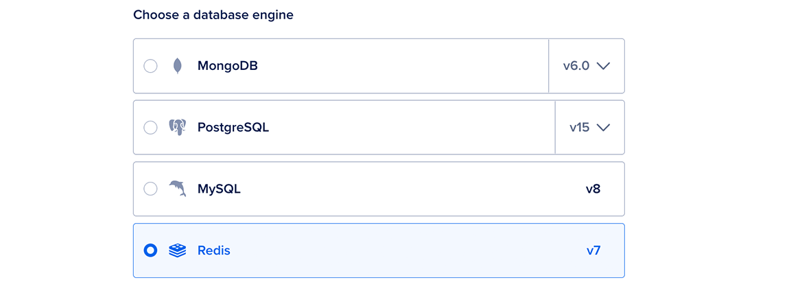 The database engine selection portion of the databases create page