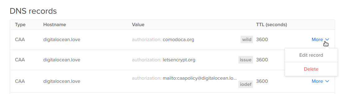 DNS record more menu expanded with Edit record and Delete options visible