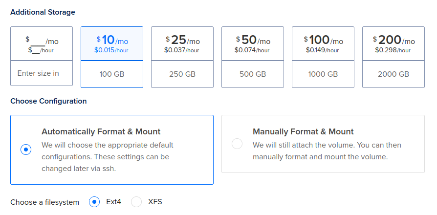 The Additional Storage section of the Droplet creation page.