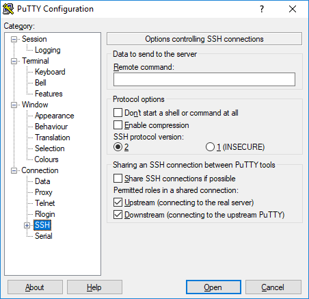 PuTTY Configuration Screen with above values filled in