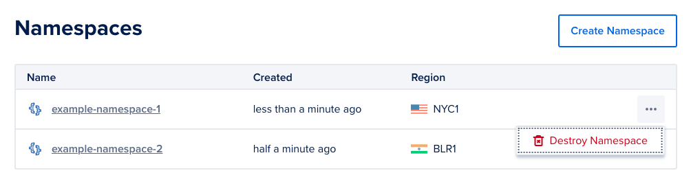 a context menu showing an option to Destroy Namespace