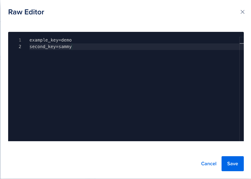 A screenshot of the raw environment variable editing interface, which looks like a text editor with two lines, one for 'example_key' and one for 'second_key'.