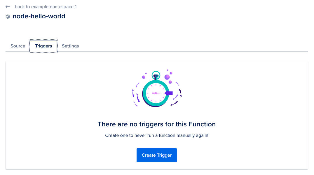 screenshot of a function's Triggers tab with no triggers listed and a Create Trigger button