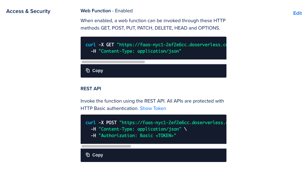 The settings tab of an individual function, showing the Access & Security section with Web and REST API URLs listed