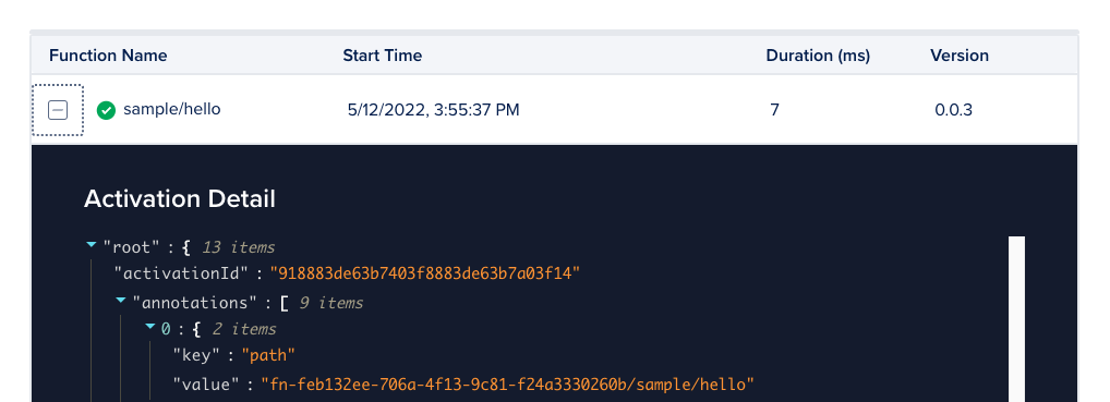 A detail view of a single activation record in the Logs tab, showing a portion of the JSON structure of an activation record.