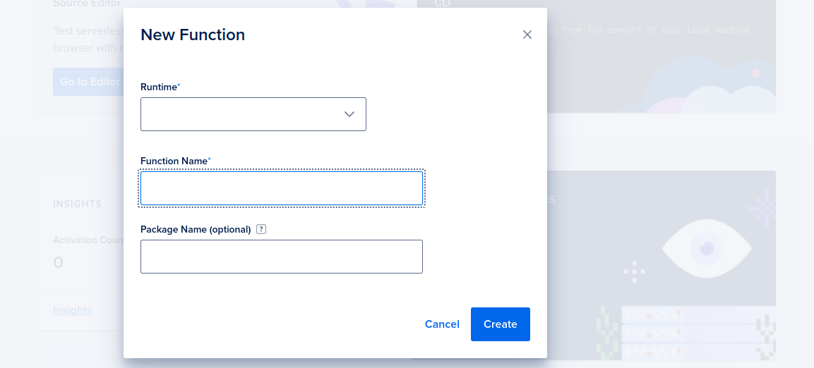 The New Function window with runtime, function name, and optional package name fields.