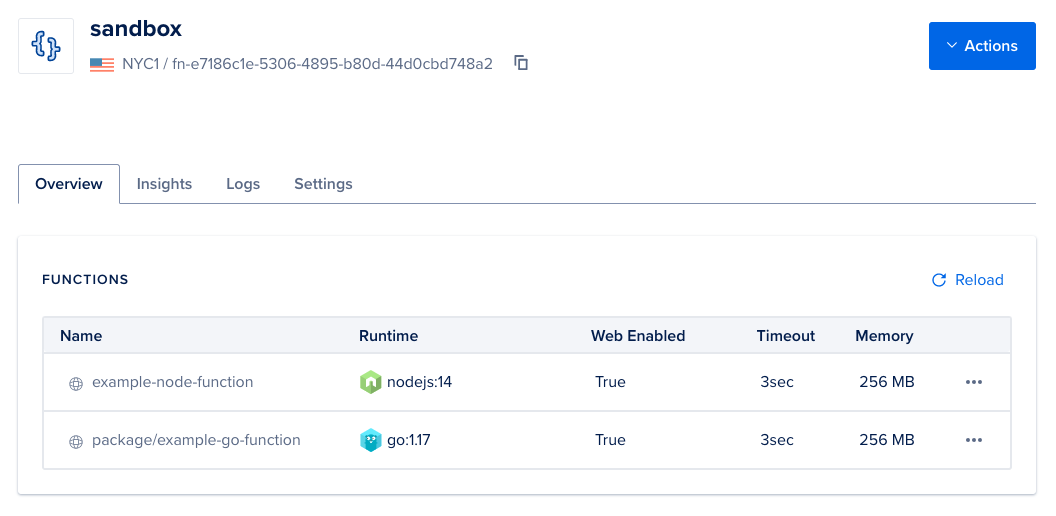 Screenshot of the Functions Overview page, with two functions listed in a table