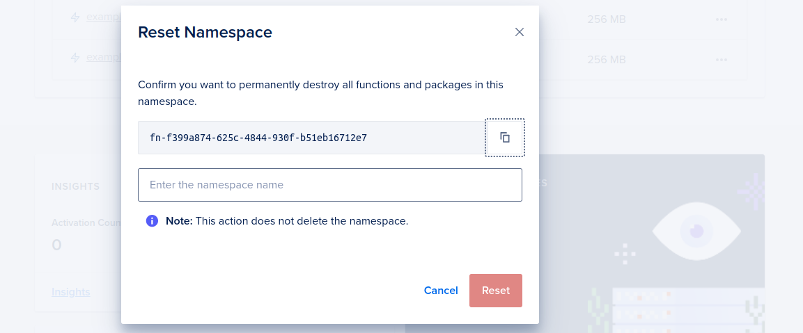 The Reset Namespace window with the confirmation prompt.