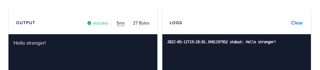 The Source tab Output and Logs interface showing 'Hello stranger' output and a timestamped log line