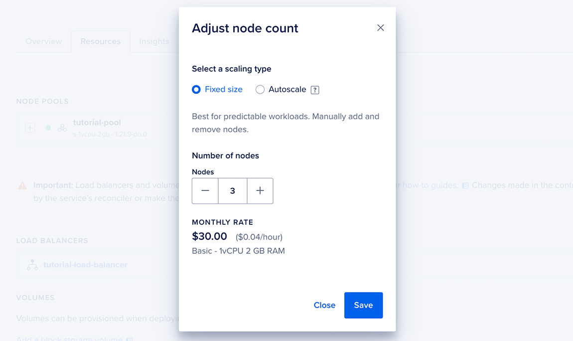 DOKS node pool configuration modal