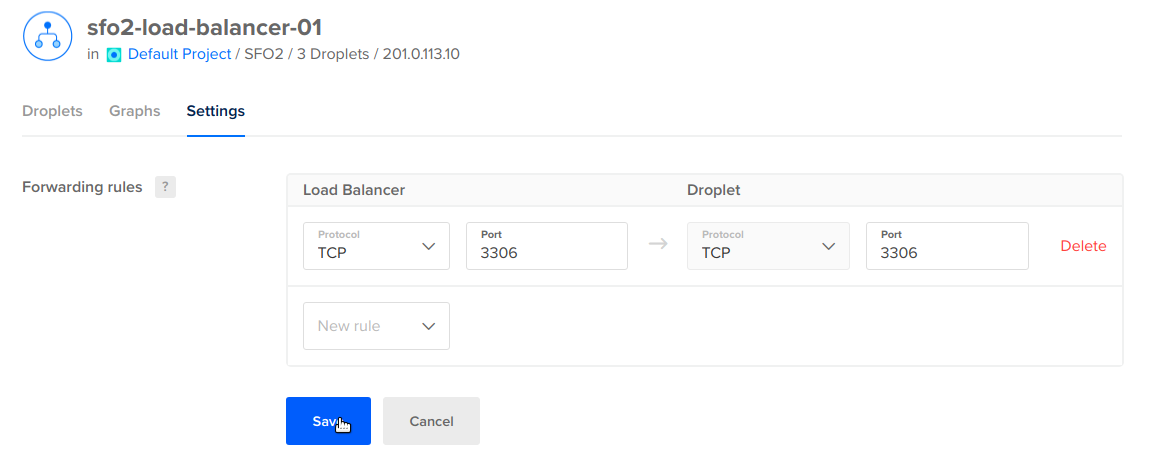 The forwarding rules for a load balancer with an example TCP to TCP rule filled in