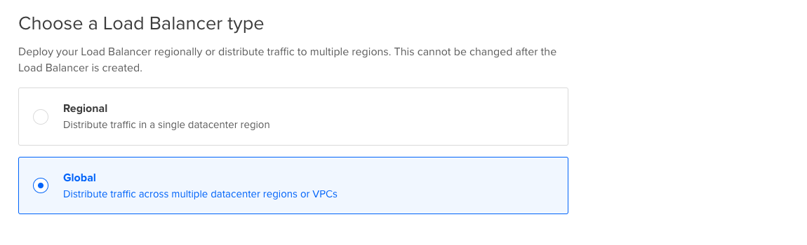 The load balancer creation page with the Global option highlighted.