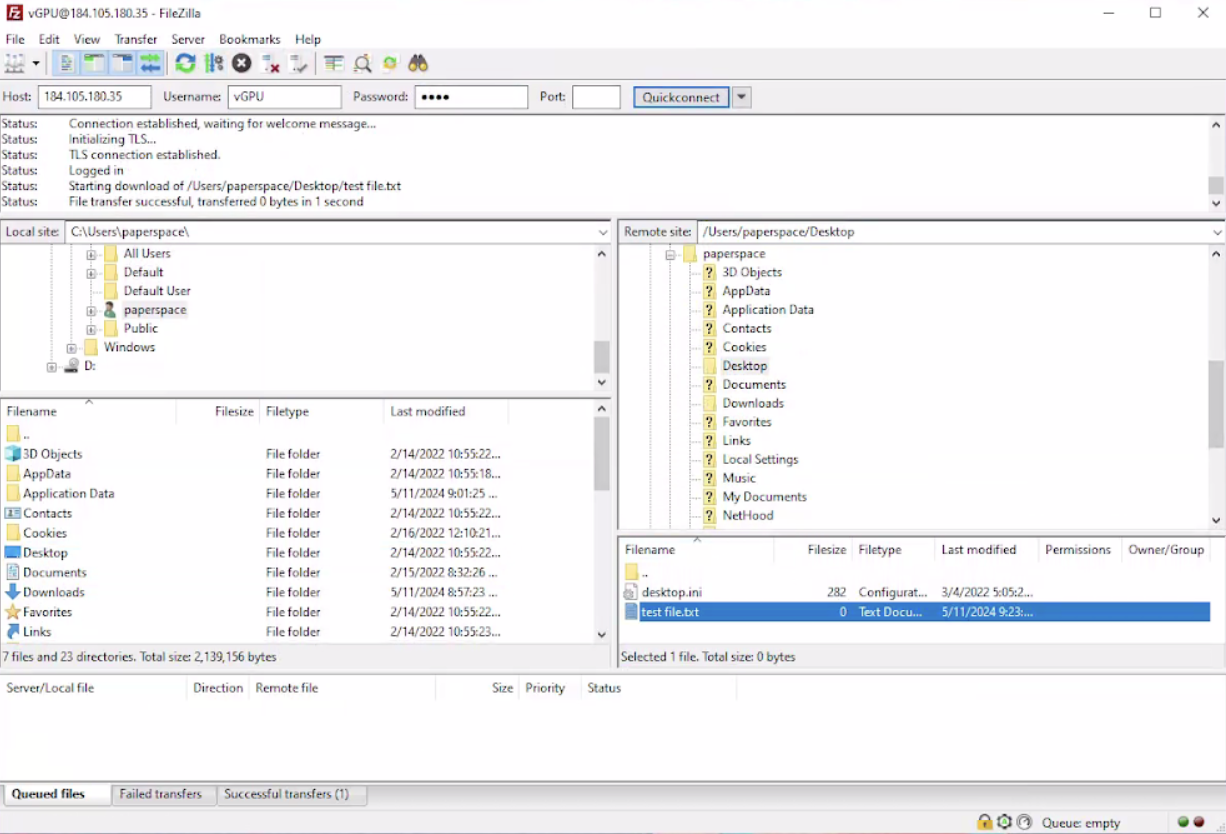 FileZilla Client Transferring Test File