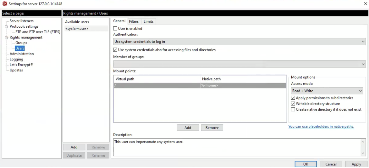 FileZilla User Settings