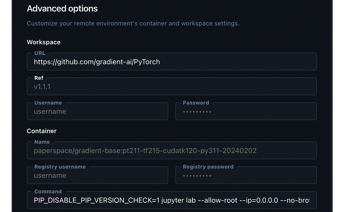 Optionally configure your notebook's workspace and container through advanced options