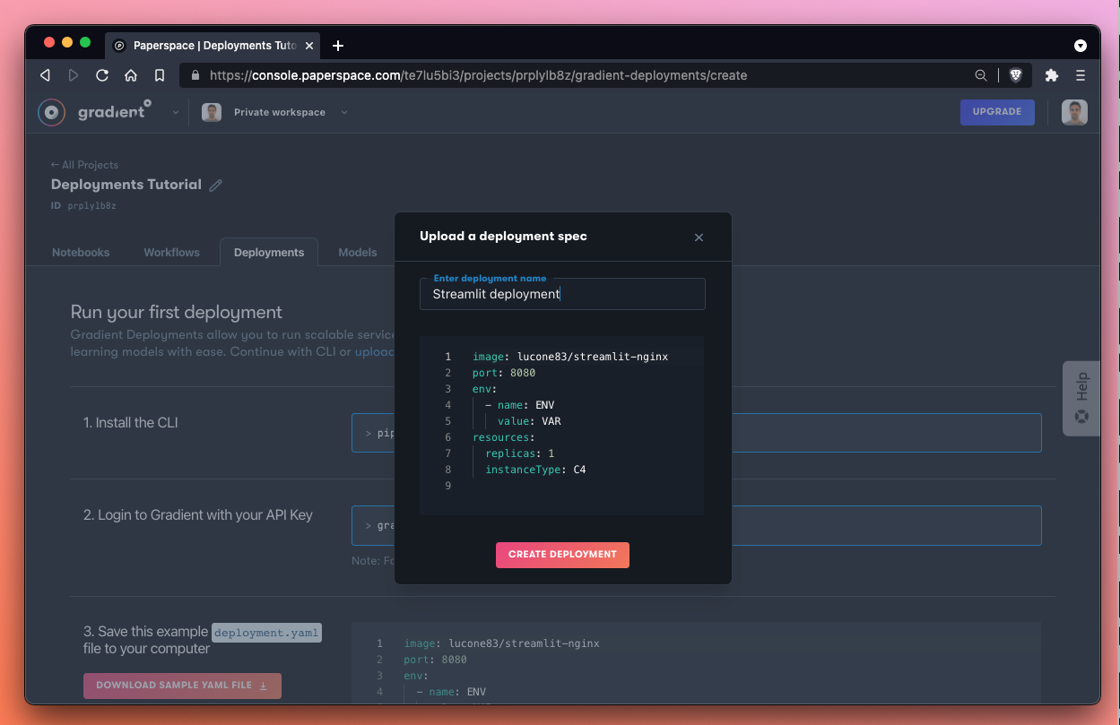 Deployment spec that uses Streamlit