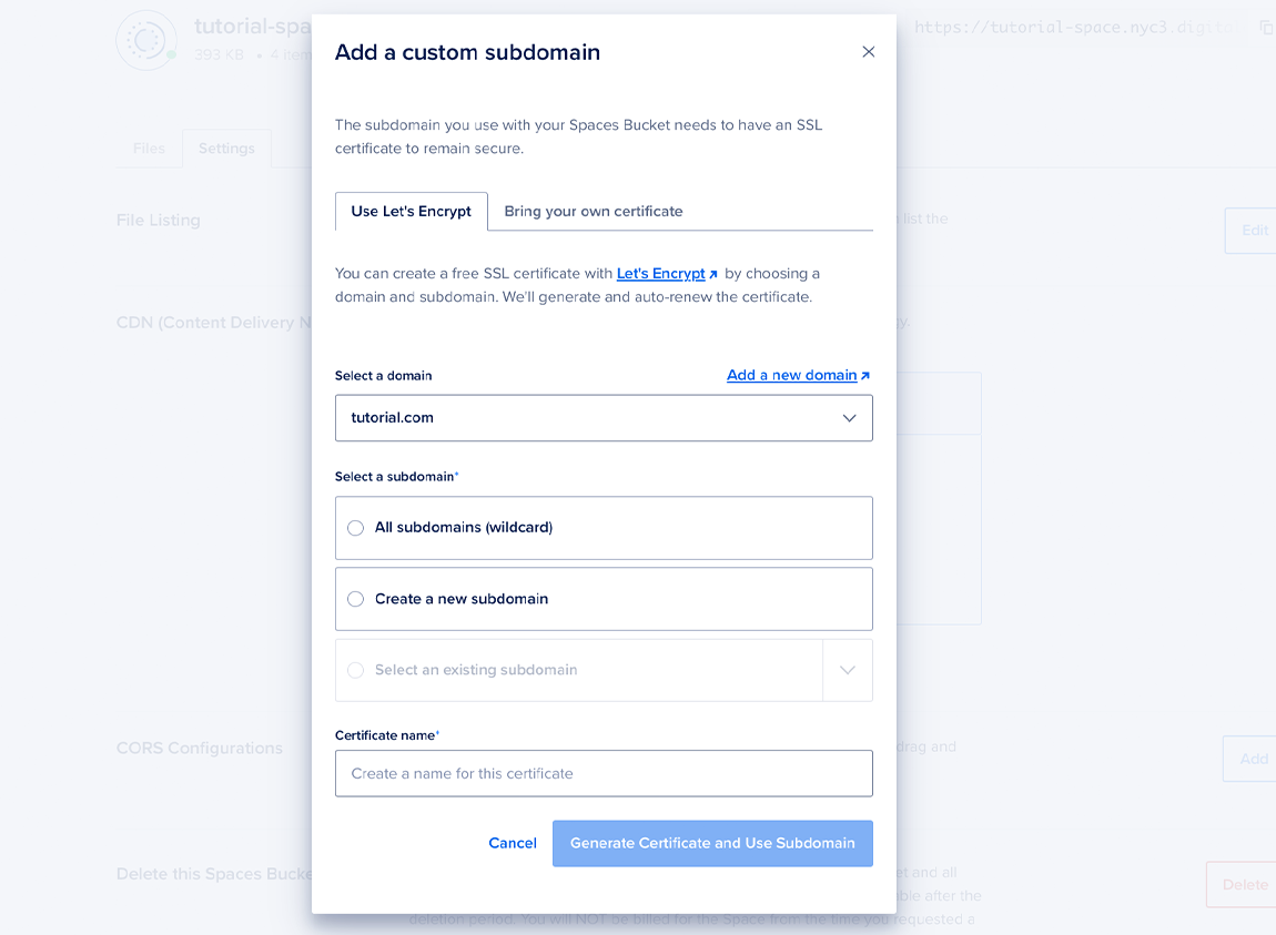 The Spaces CDN custom endpoint Add Custom Subdomain window opened to the Use Let's Encrypt tab