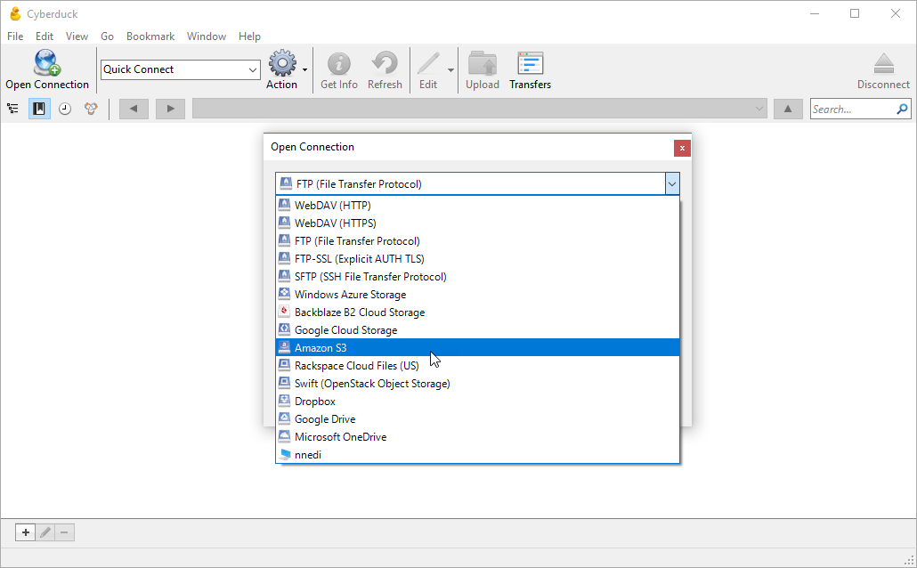 Open Connection menu with Amazon S3 selected