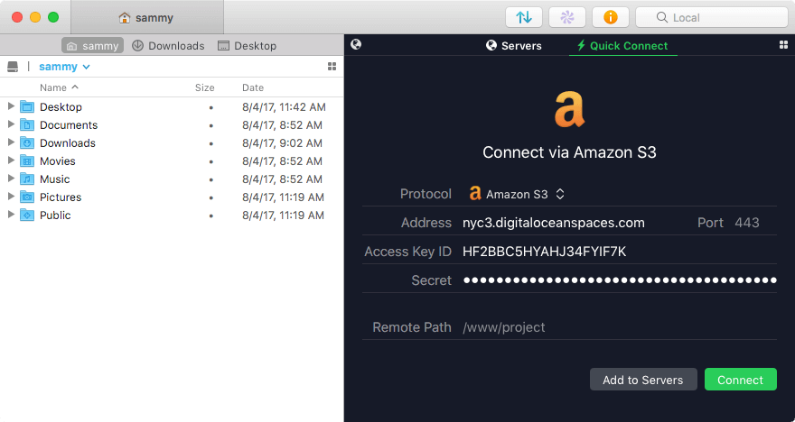 Transmit S3 connection details