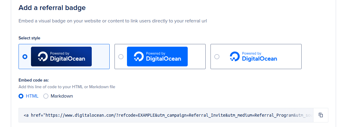 The referral badge section of the team settings page showing three different visual styles of badges