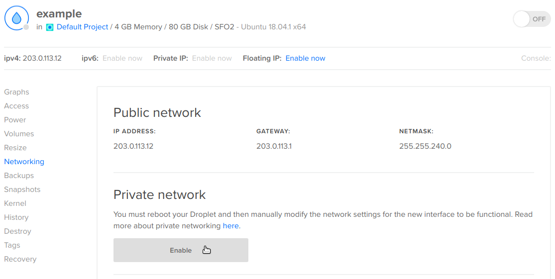 The Droplet Networking page with the private networking enable button highlighted